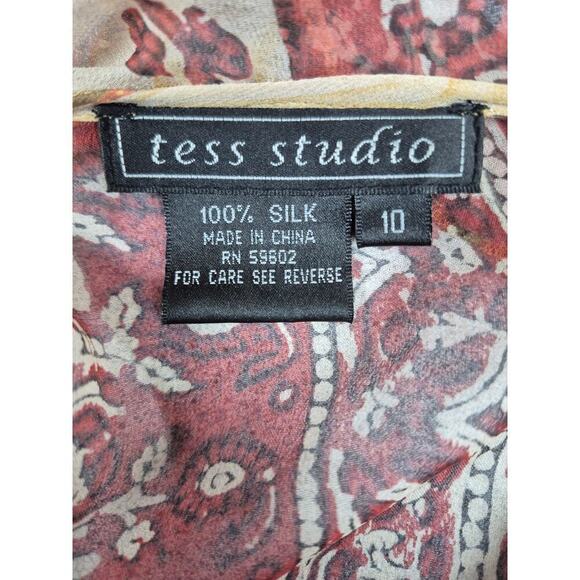 Tess Studio 100% Silk Sheer Blouse & Camisole Gold Red Print  Ruffle Neck Sz 10 - Picture 4 of 10